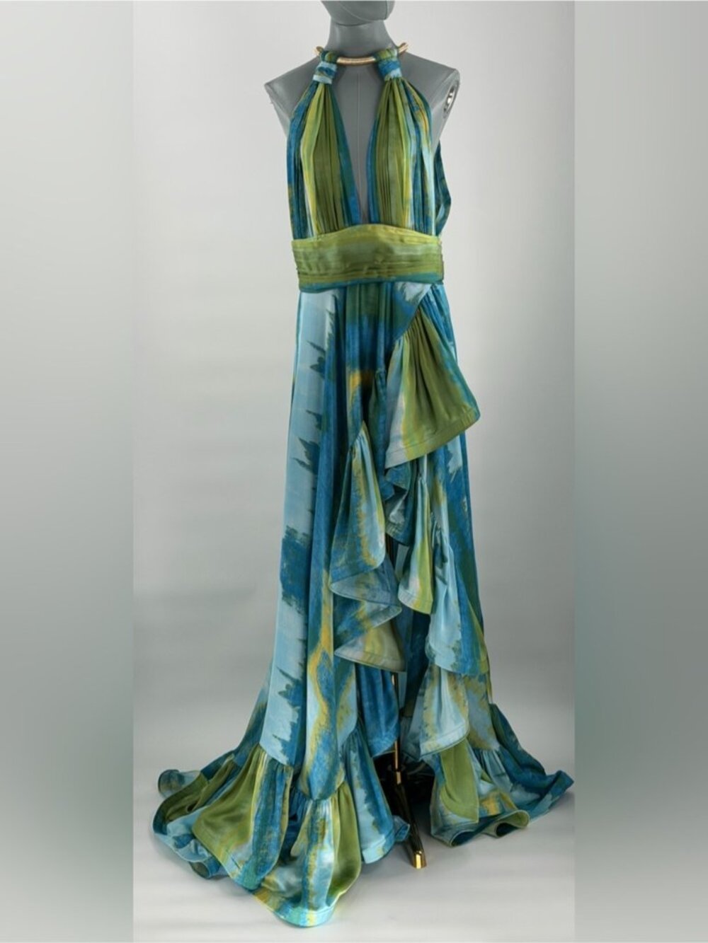 🆕 BRONX & BANCO 🧿 NWOT Palma Coastal Ruffle Hi-Low Gown, Blue Green, Sz L US 8 - Picture 11 of 16